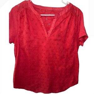 St. Johns Bay Womens Red Eyelet Cotton Split Neck Short Sleeve Blouse Medium NEW